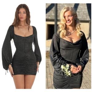 Lucy in the Sky Glitter Long Sleeve Corset Mini Dress in Black
